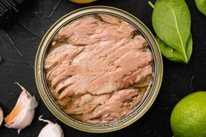 Canned Albacore Wild Tuna set, top view flat lay